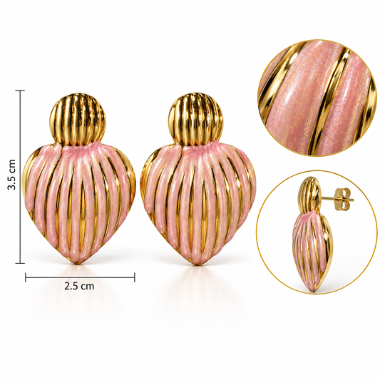 E035 Aretes corazon con circulo dorado esmaltado de acero inoxidable 304