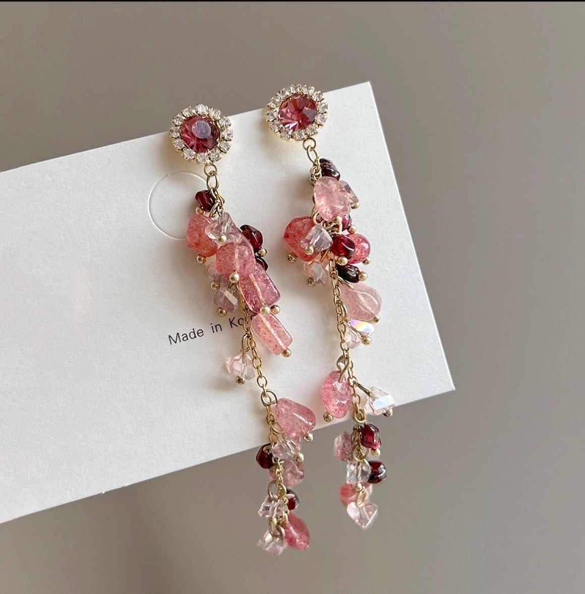 E5554 Aretes coloridos trenzados piedra rosa elegantes colgantes