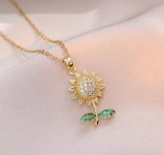 C1566 Collar girasol dorado brillante 21cm dije 3cm acero inoxidable