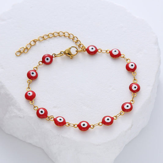 B464 Pulsera ojo turco rojo acero titanio 19cm