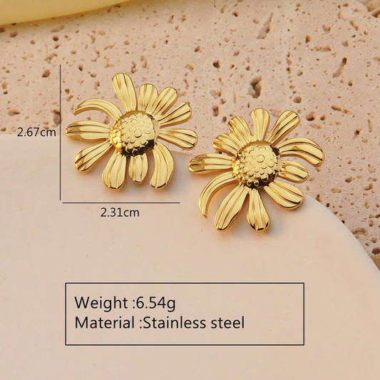 E3660 Aretes flor dorada girasol acero inoxidable 3cm