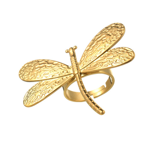 A132 Anillo libelula acero inoxidable dorado ajustable 4cm