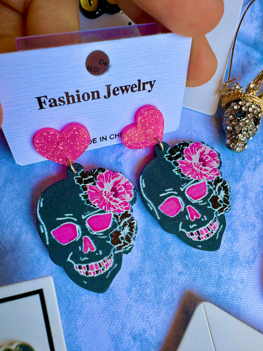 E546 Aretes Calavera Flor Halloween