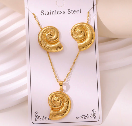 C1578 Conjunto de collar y aretes caracol dorados 23cm 4cm dije acero inoxidable
