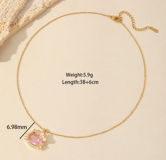 C1559 Collar gato rosa acero inoxidable 21cm dije 2cm chapado en oro de 18k