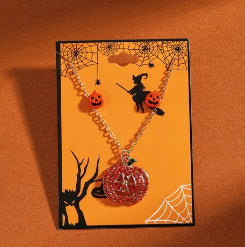 C847 Conjunto de collar aretes calabaza Halloween aleacion 21cm largo 2cm dije 1cm aretes