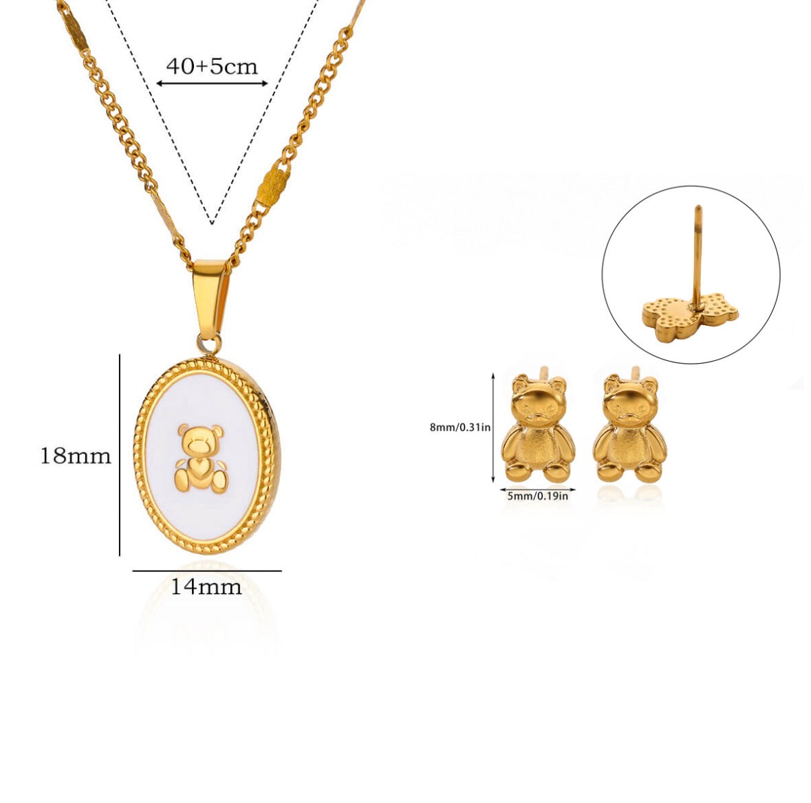 C1288 conjunto de collar y broqueles óvalo oso dorado acero inoxidable chapado en oro de 18k