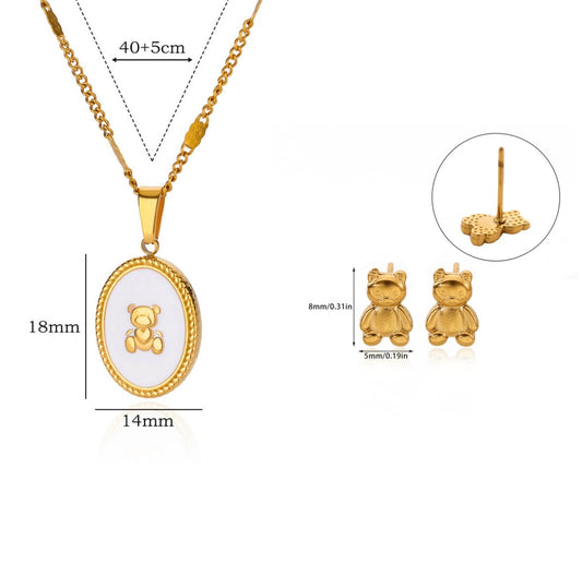 C1288 conjunto de collar y broqueles óvalo oso dorado acero inoxidable chapado en oro de 18k