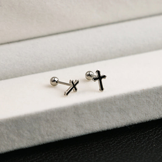 E3610 Aretes cruz negra acero inoxidable 1cm