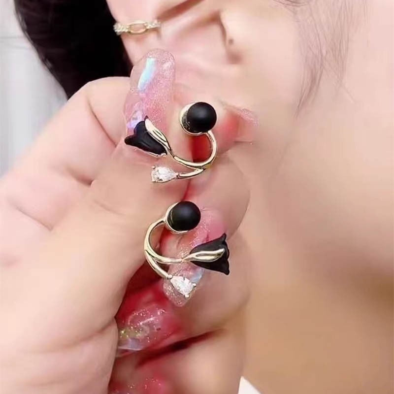 E7108 Aretes tulipán negro elegante aleacion 2cm