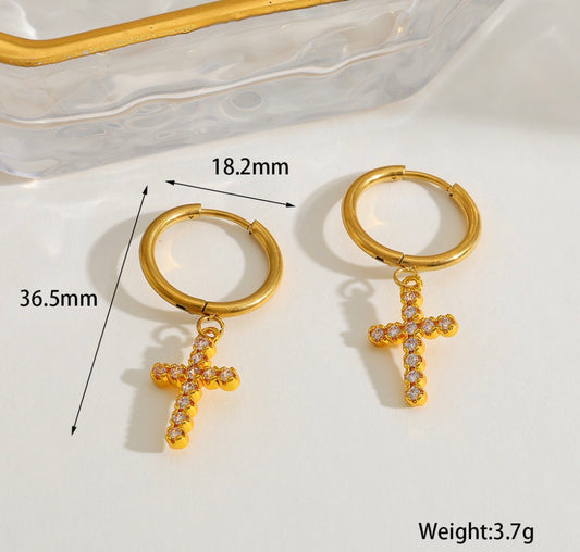 E7041 Aretes argolla cruz dorada acero inoxidable cobre chapado en oro de 18k 4cm