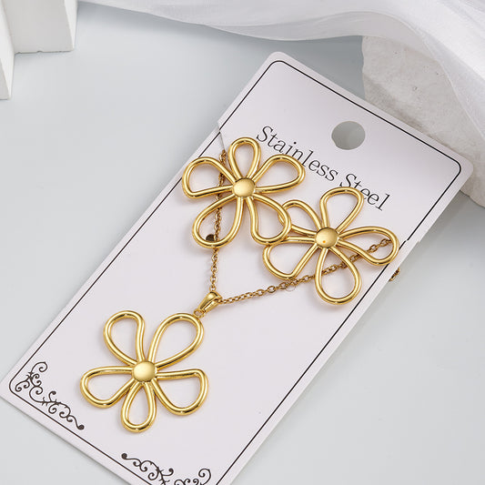 C892 Conjunto de artes y collar flor dorada acero inoxidable 20cm largo 3.5cm dije 3.5aretes