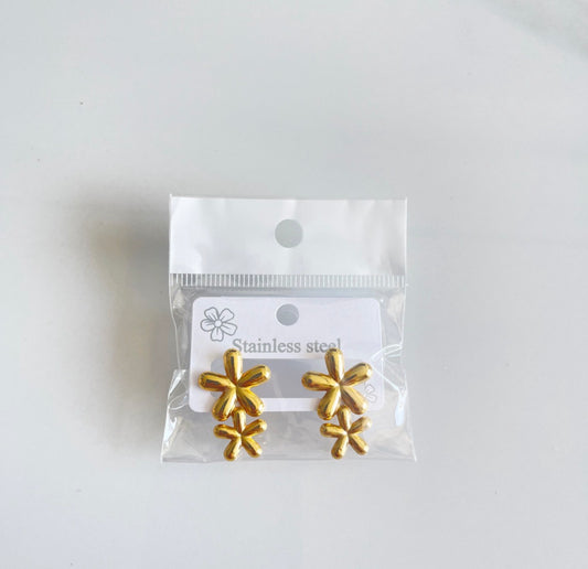 E5103 Aretes doble flores doradas acero inoxidable 3cm