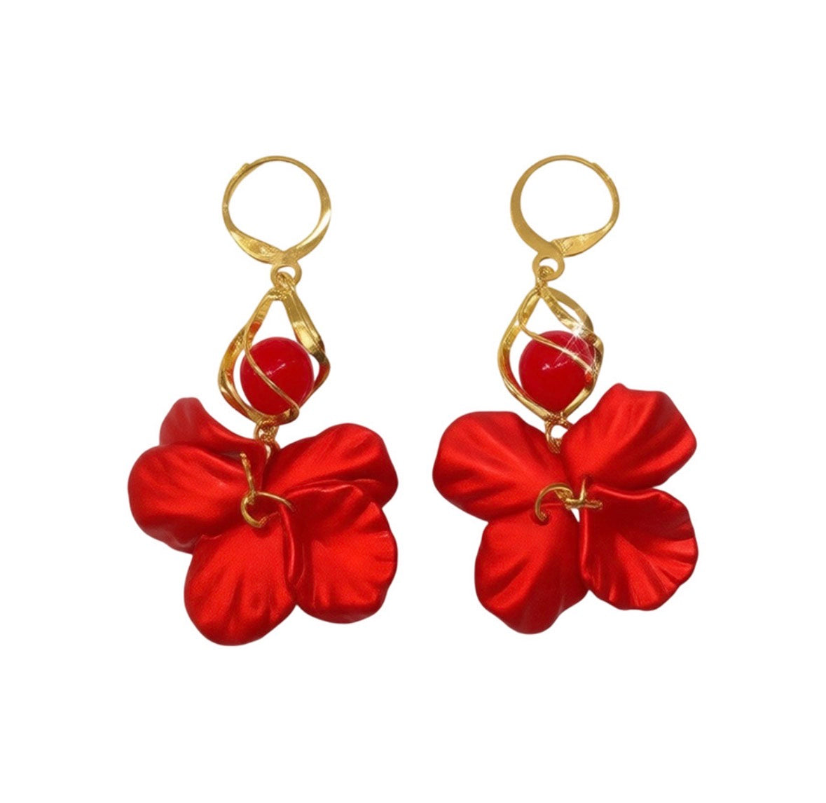 E5360 Aretes pétalos rojos esmaltados 5cm