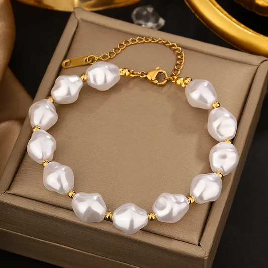 B475 Pulsera perlas acero inoxidable chapado en oro de 18k 22cm