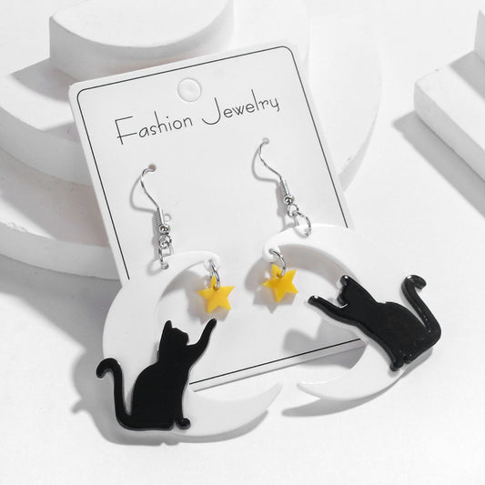 E3520 Aretes luna gato negro acrílico 7 cm