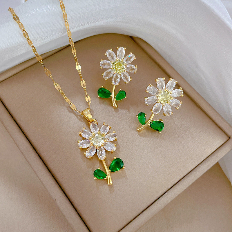 C745 Set collar y aretes flor margarita cobre 22cm largo dije 2 cm
