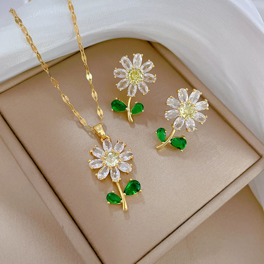 C745 Set collar y aretes flor margarita cobre 22cm largo dije 2 cm