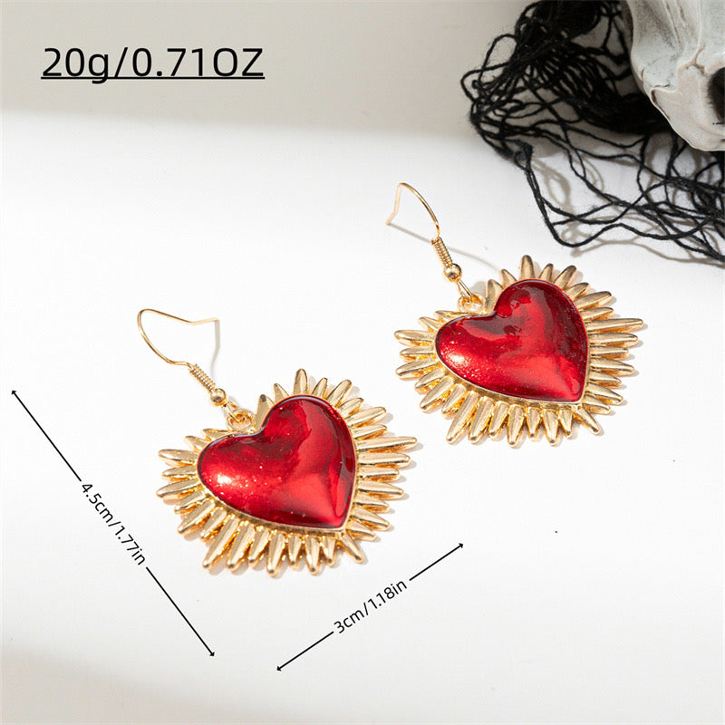 E2051D Aretes corazon rojo dorado aleacion gancho