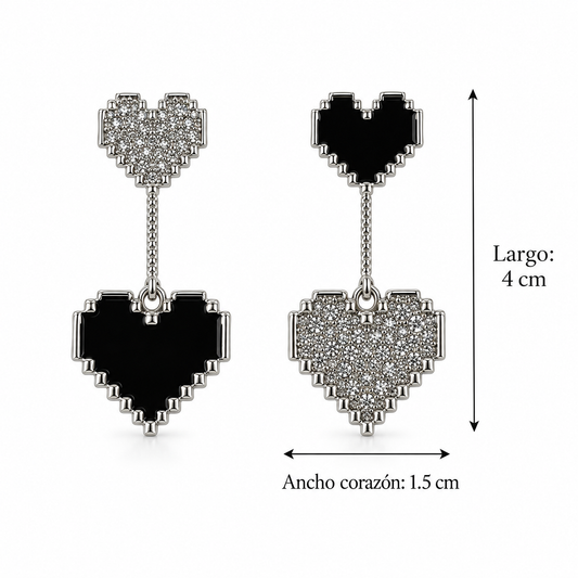 E7397 Aretes corazones pixeleados de aleacion