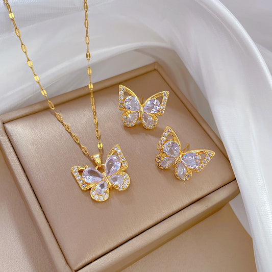 C884 conjunto de collar aretes mariposa brillante cobre 25cm largo 1.6cm dije