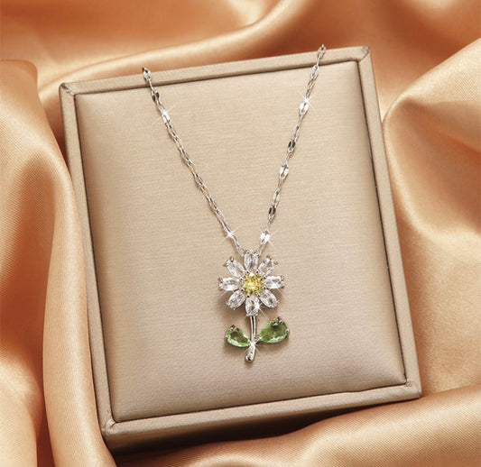 C1579 Collar girasol plateado acero de titanio 23cm largo 3cm dije