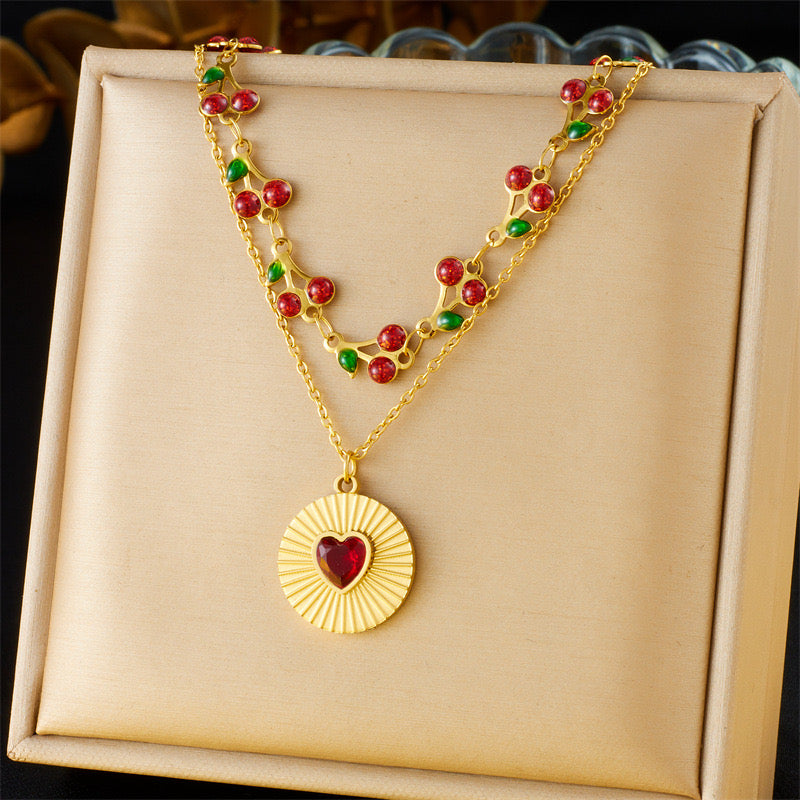 C655 Collar cerezas doble corazón acero inoxidable largo 23cm dije 1.5cm