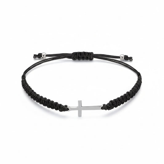 B741 pulsera cruz plateada tejida a mano