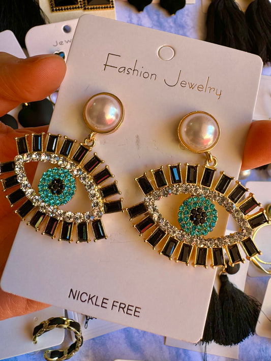 E1778 Aretes Ojo Turco Perla Enchapado Incrustación Zirconia