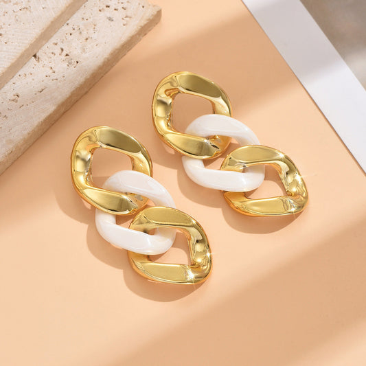 E7149 Aretes geométricos dorados con blanco  aleacion 8cm