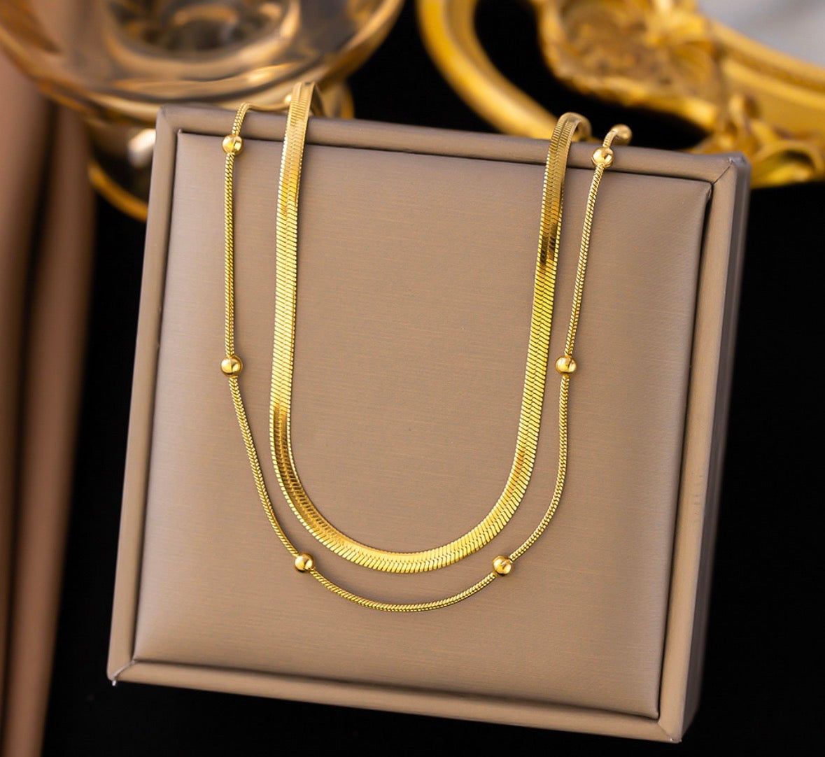 C1558 collar doble dorado acero inoxidable elegante 25cm largo