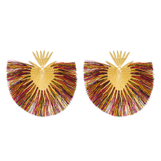 E7098C Aretes pico dorado y flecos colores en forma de abanico aleacion 9cm
