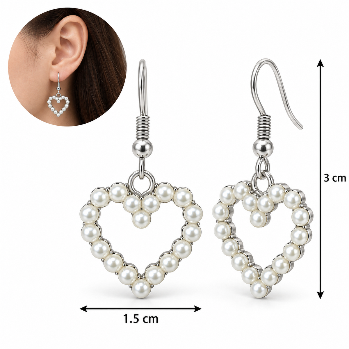 E7564 Aretes plata en forma de corazon con perla aleacion