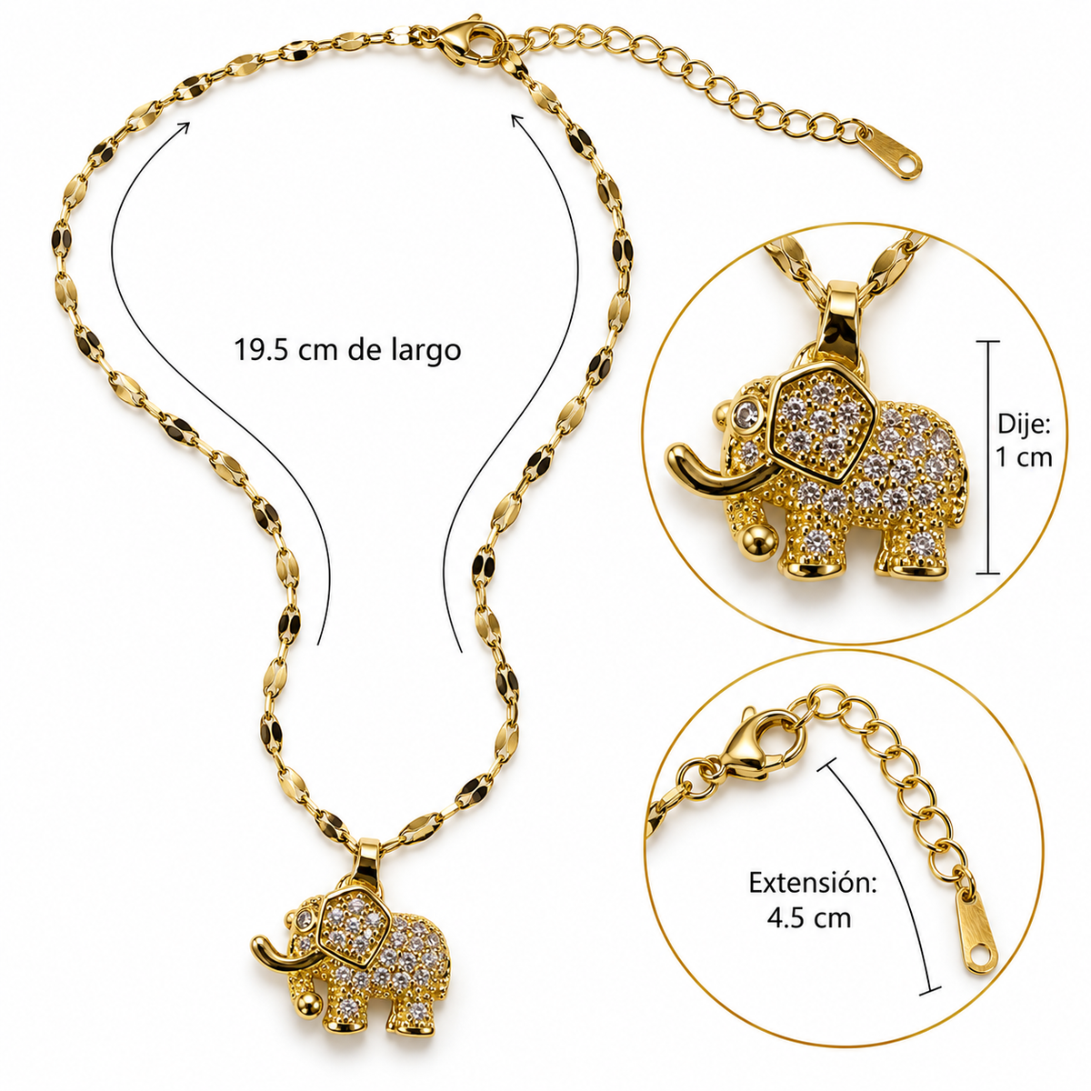 C058 Colar con dije elefante con diamante de imitacion acero inoxidable 304