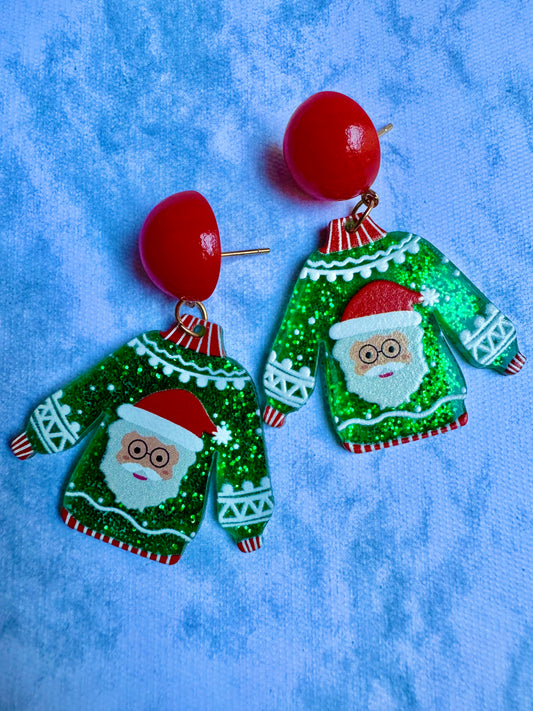 E665 Aretes suéter navideño acrílico santa claus 5cm ligeros