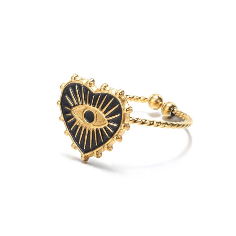 A589 Anillo ojo turco corazon negro acero inoxidable abierto