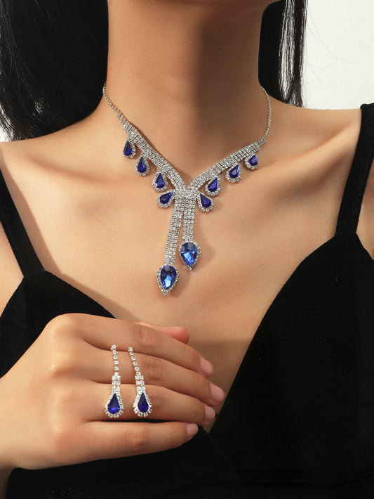C1518 Conjunto collar y aretes gota azul plateada 20cm dije 4cm aretes 3cm