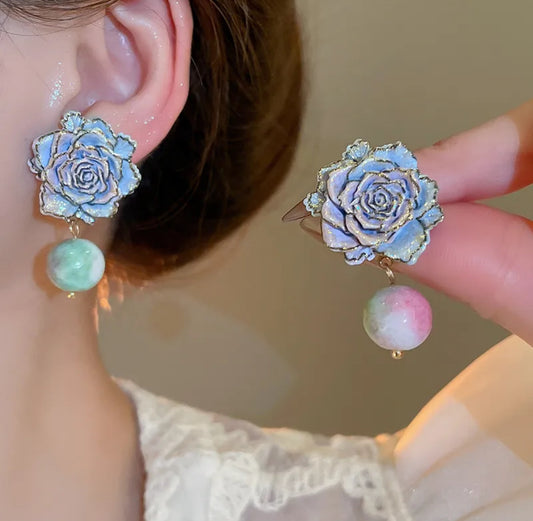 E4658 Aretes flor perla poste plata 3.5cm