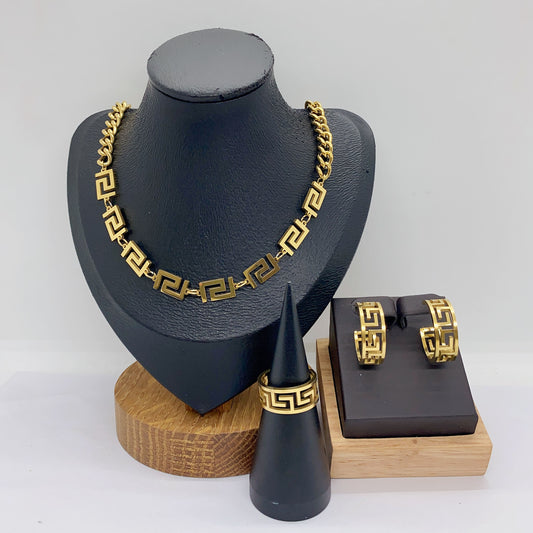 C853 Conjunto de collar aretes y anillo eslabones cubanos acero inoxidable 27cm largo 2cm aretes