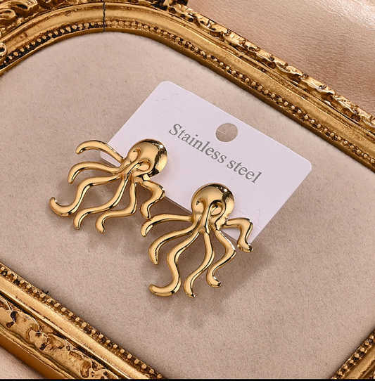 E4752 Aretes pulpo dorado acero inoxidable 3cm