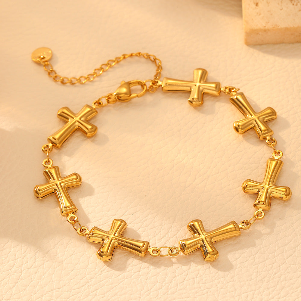 B649 Pulsera dorada cruz acero de titanio chapado en oro 18k 19cm