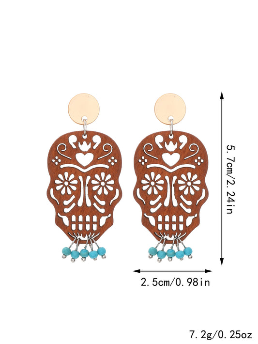 E4138 Aretes cráneo catrina madera 5.7cm