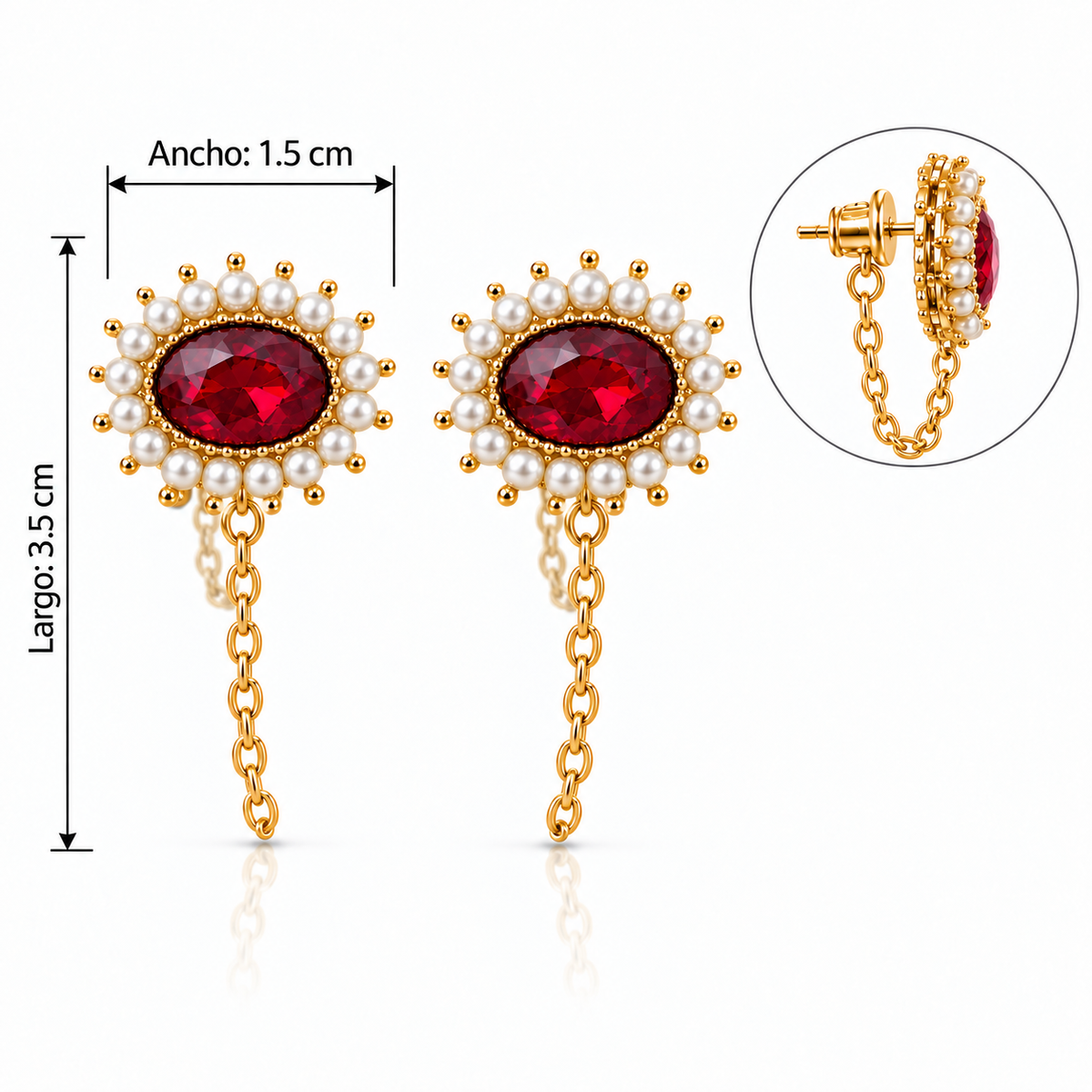 E7401 Aretes avalo rojo perla con cadena material aleacion