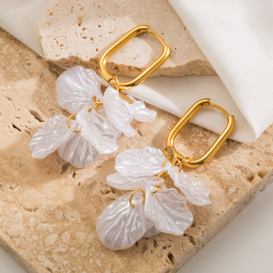 E3457 Aretes petalos colgante acero inoxidable chapado en oro de 18k 4cm