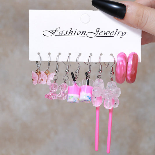 E3976 Conjunto de aretes paleta rosa 6cm resina