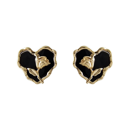 E4939 Aretes corazón negro rosa dorada aleacion 3.5cm