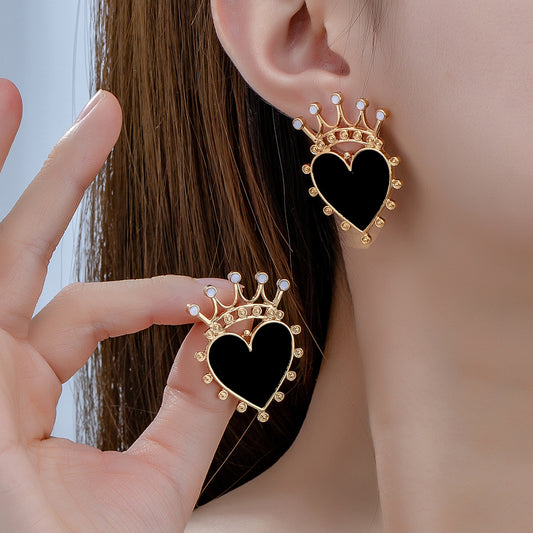 E4932 Aretes corazón negro corona dorada vintage aleacion 4cm