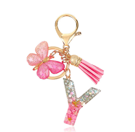 K170 Llavero letra Y Rosa mariposa acrílico