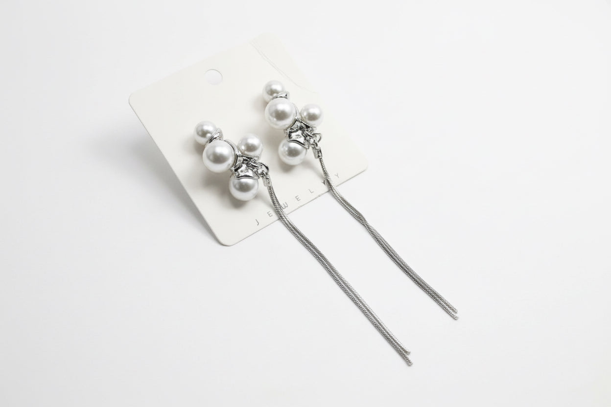 P04 aretes perlas colgantes plateados de fiesta aleacion 10cm