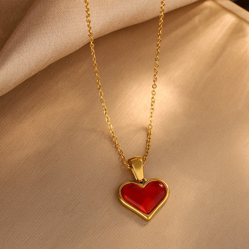 C664 Collar corazón rojo acero inoxidable chapado en oro 18k largo 21cm dije 2cm